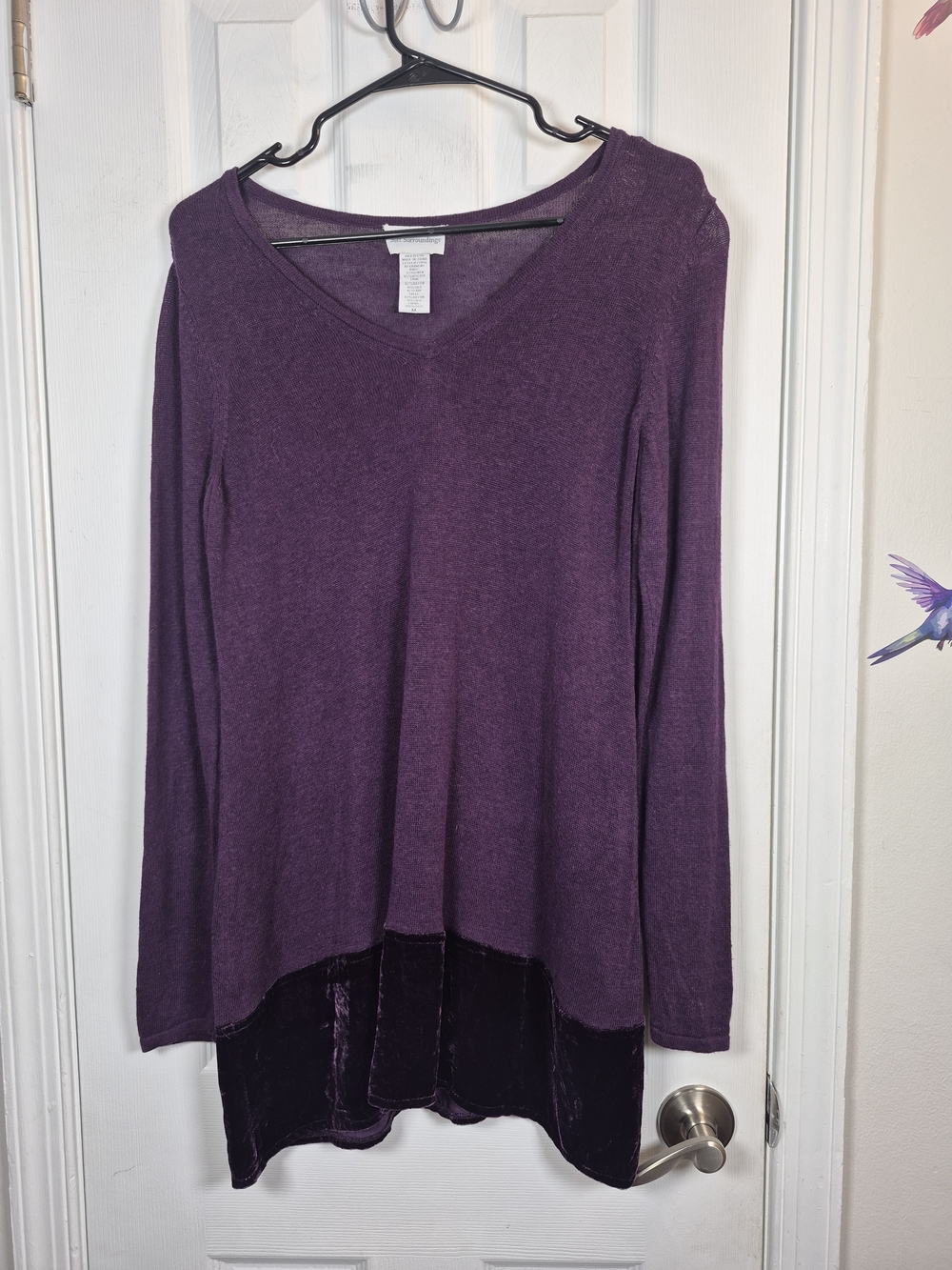 Soft Surroundings Purple Linen Silk Velvet Trim Tunic Sweater M Fall Boho Whimsy